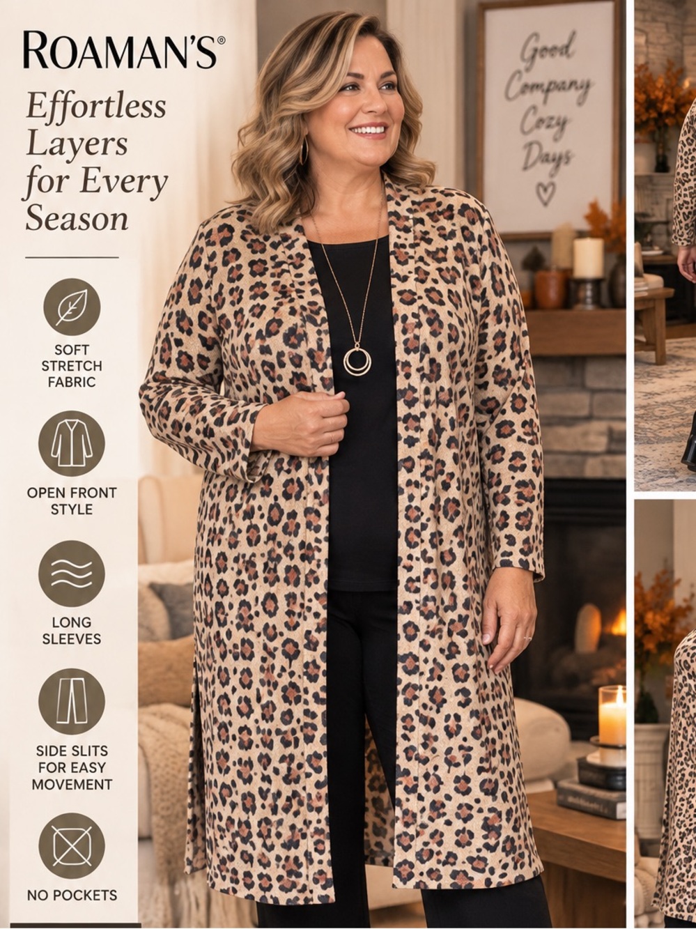 Roaman's Beige Leopard Open-Front Long Cardigan with Black Spots